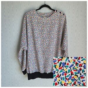 Vtg 80s Womens 38 XL New Wave Rainbow Sprinkles Abstract Print Dolman Sleeve Top